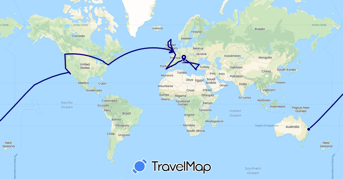 TravelMap itinerary: driving in Australia, Canada, Spain, France, United Kingdom, Greece, Croatia, Italy, Monaco, Mexico, Portugal, Turkey, United States (Asia, Europe, North America, Oceania)